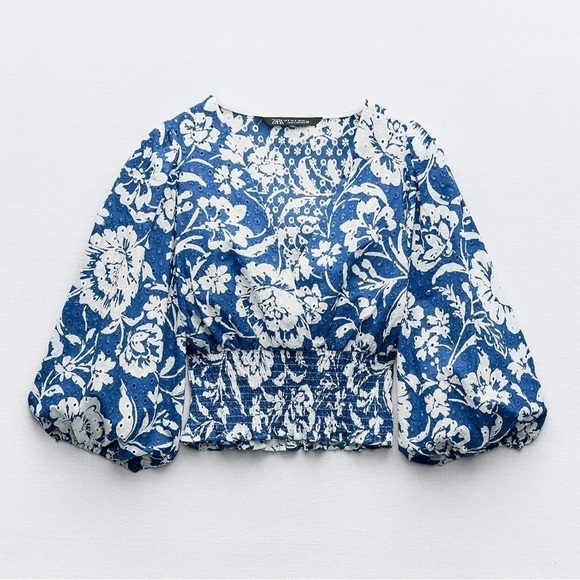 New ZARA Floral Printed Embroidered Eyelet Top - Picture 1 of 5